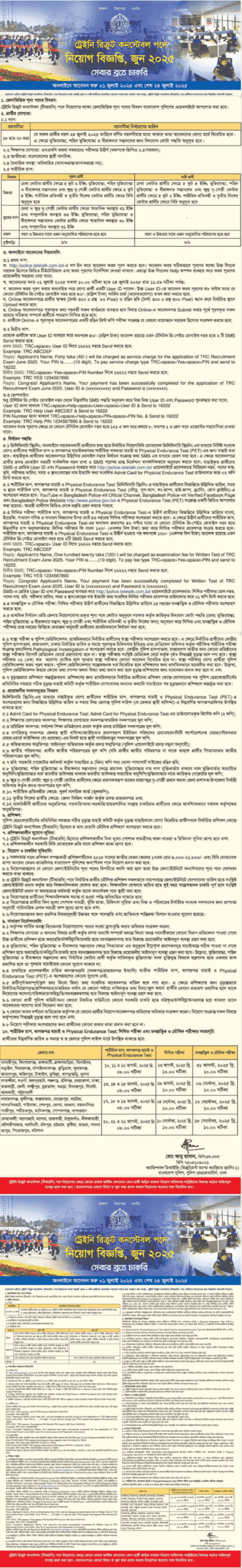 বাংলাদেশ পুলিশ কনস্টেবল (টিআরসি) পদে নিয়োগ